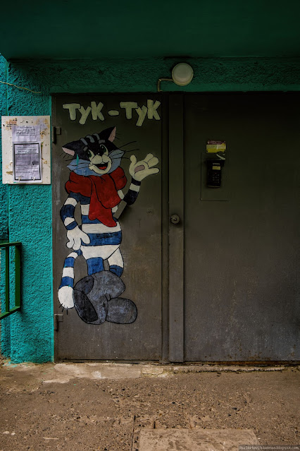 Рисунок кота Матроскина на двери подъезда
