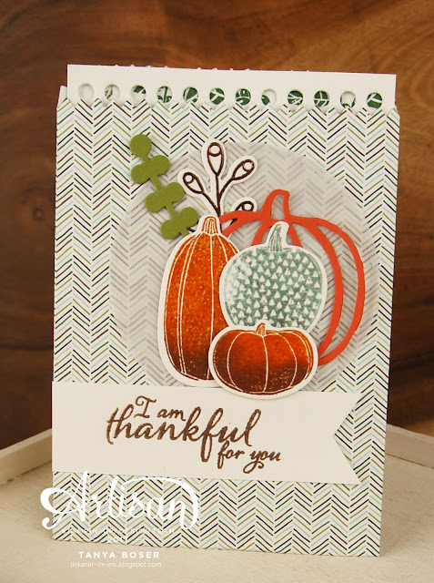 Pick a Pumpkin with Patterned Pumpkins die, Count My Blessings & Painted Harvest stamp sets also. Theses Mini Treat Bags are created with supplies all from Stampin' Up! ~ Love the ability to make these autumn, Halloween, or Thanksgiving themed! There are jack-o-lantern faces in the set also! ~ Tanya Boser for the Stamp Review Crew