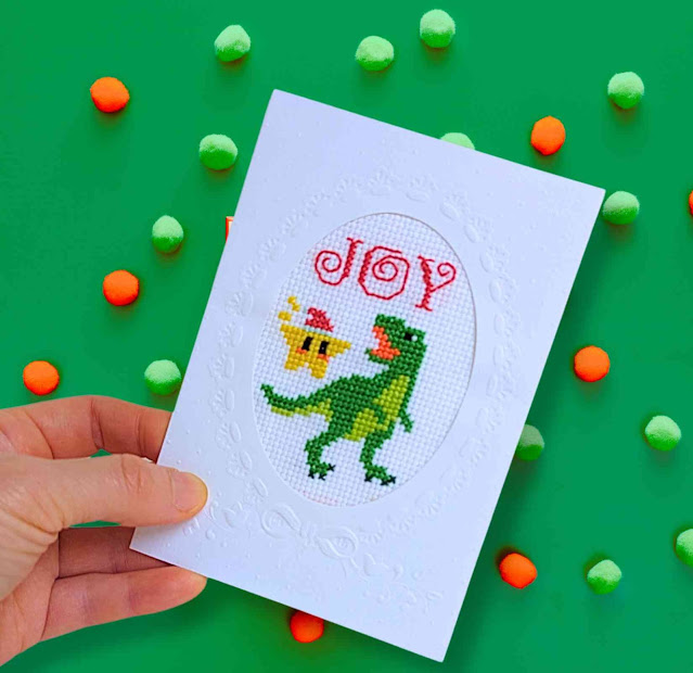 T-Rex with star cross stitch Christmas card