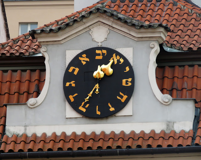 Clock with Hebrew numerals (letters), Židovská radnice (Jewish Town Hall), Josefov, Prague