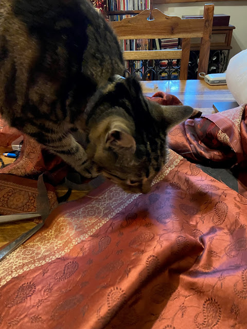 A tabby cat inspects an ornate faux-silk scarf