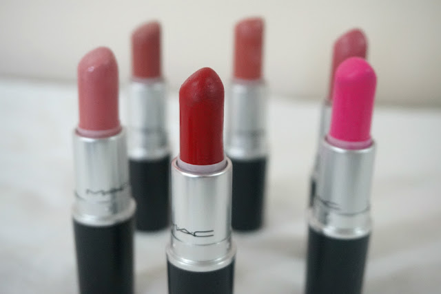 MAC Lipstick in Angel, Velvet Teddy, Kinda Sexy, Please Me, Candy Yum-Yum, and Ruby Woo