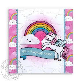 Sunny Studio Blog: Have A Magical Birthday Rainbow with Happy Clouds Pink Girls Card (using Prancing Pegasus, Rain or Shine & Banner Basics Stamps with Fluffy Clouds & Ric Rac Border dies and Spring Fling Paper)