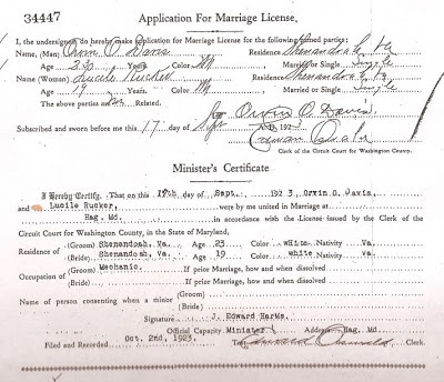 Marriage record Orvin Davis and Lucille Rucker