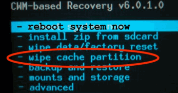 CWM Wipe Cache Parition