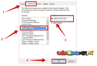 Klik menu advanced lalu cari network address pada pilihan properties dan centang 