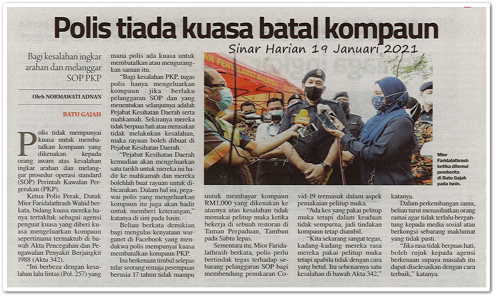 Polis tiada kuasa batal kompaun - Keratan akhbar Sinar Harian 19 Januari 2021