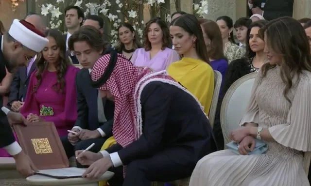 Queen Rania in Christian Dior gown. Princess Salma in Andrew Gn dress. Rajwa in Roksanda yellow dress. Iman in Chaumet tiara