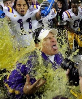 Les Miles doused with Gatorade