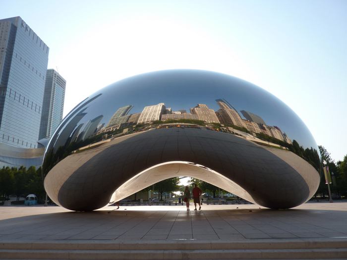 Cloud Gate, a public sculpture is the centerpiece of the AT&T Plaza in Millennium Park within the Loop community area of Chicago, Illinois, United States. The sculpture is nicknamed "The Bean" because of its bean-like shape. Made up of 168 stainless steel plates welded together, its highly polished exterior has no visible seams. 