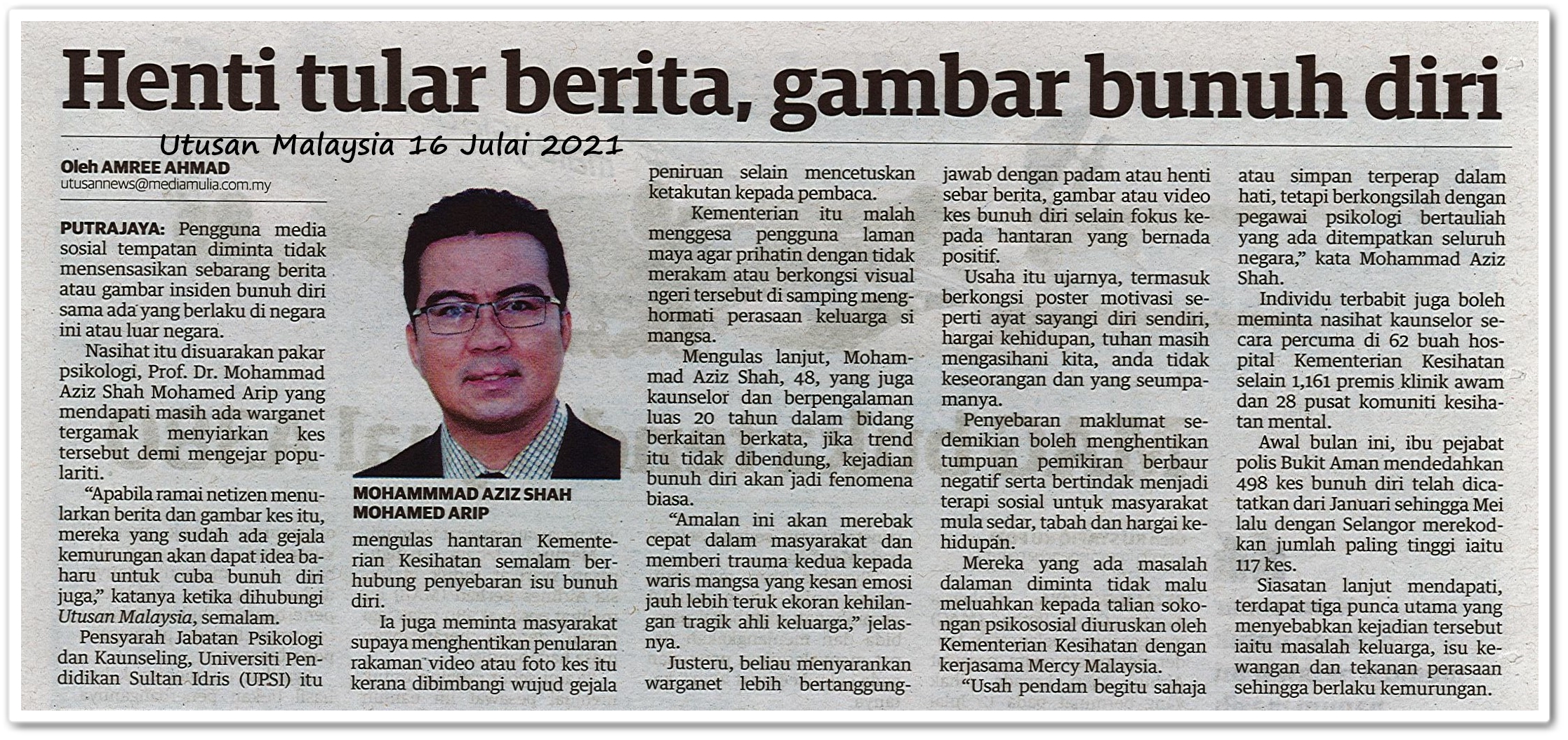 Henti tular berita , gambar bunuh diri - Keratan akhbar Utusan Malaysia 16 Julai 2021