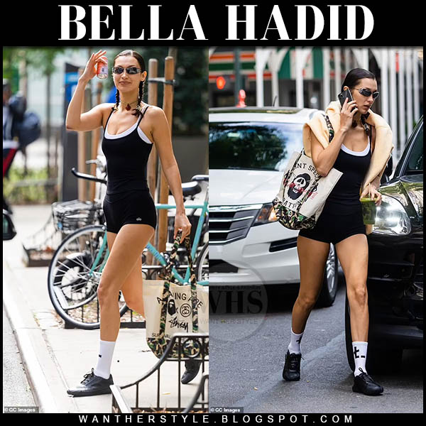 Bella Hadid in black shorts, white socks and sneakers