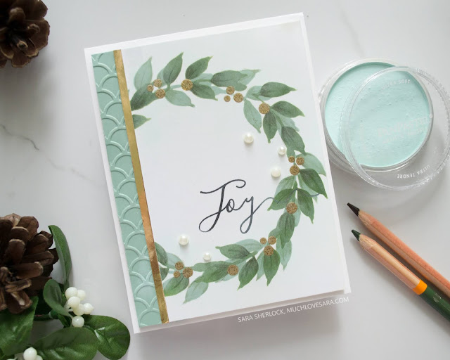 This elegant stenciled, embossed, and stamped Christmas card features the Wonderful Wreath stencil from Altenew, and the Holiday Script Stamp Set from Fun Stampers Journey. 
