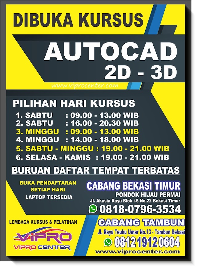 Tempat Kursus AUTOCAD di Tambun Cibitung Bekasi 0812 1912 0604 di Vipro Center