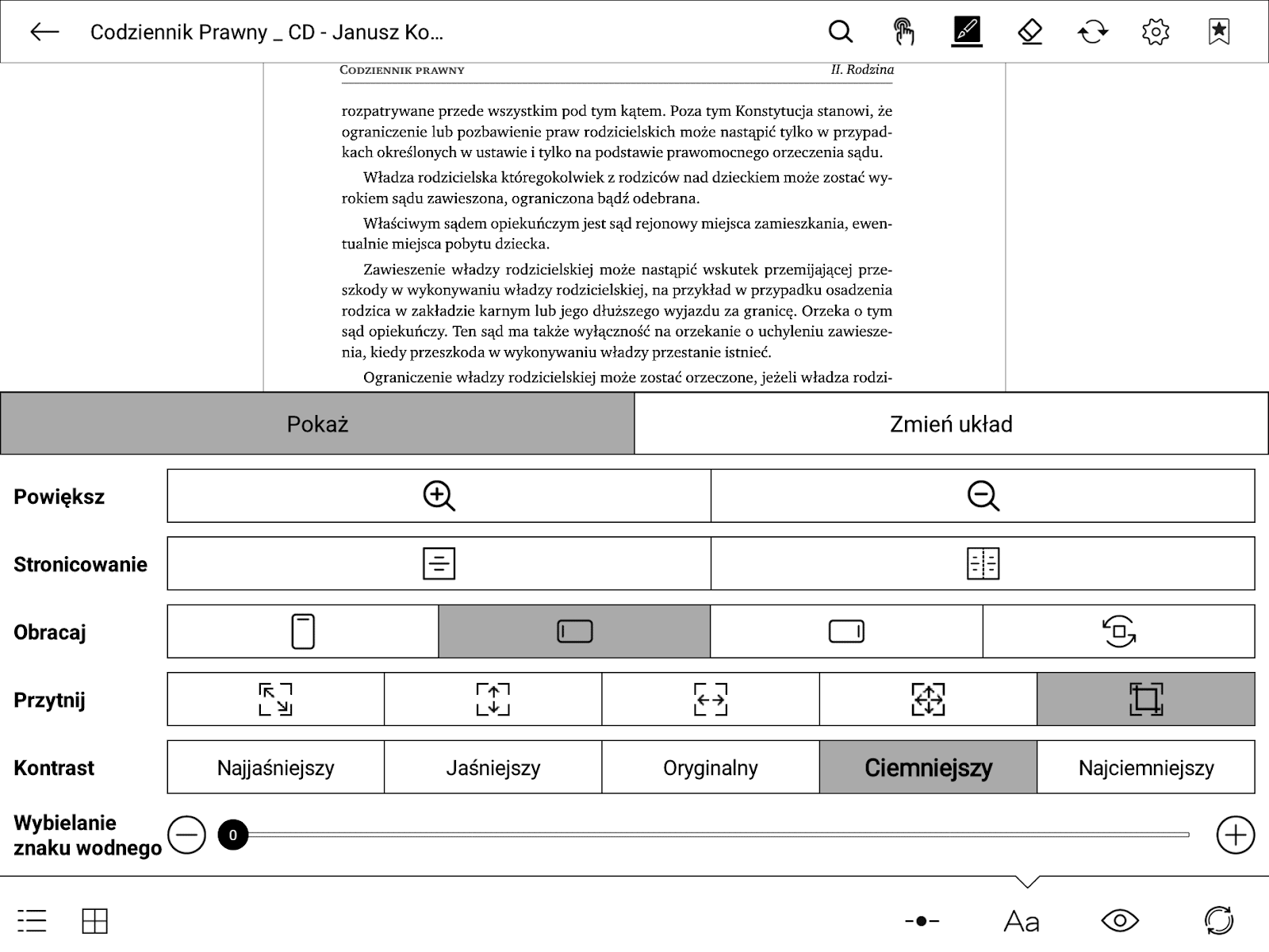 Wybór trybu poziomowego w pliku PDF w aplikacji Xreader na PocketBook InkPad X Pro skutkuje pojawieniem się możliwości wyświetlenia dwóch stron na ekranie