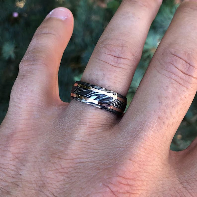 8mm Damascus Steel Ring with Dual 14k Rose Gold Off Center Grooves