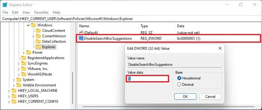 regedit disable web suggestions windows 11