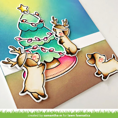 May Your Days be Furry and Bright Card by Samantha M for Lawn Fawnatics Challenge, Lawn Fawn, Distress Inks, Ink Blending, Christmas, Christmas Cards, Card Making, Handmade Cards, Puppys, #lawnfawnatics #lawnfawn #distressinks #inkblending #cardmaking #handmadecards #christmas #puppy