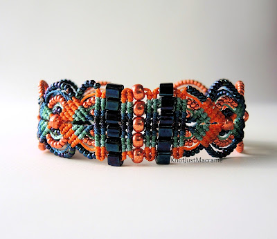 Micro macrame bracelet in orange and blue by Sherri Stokey.