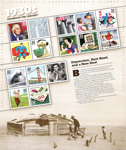 1998 USPS : Celebrate the Century Collection: 1930s (Scott 3185)"By 1933 the average wage was 60 percent less than in 1929 and unemployment had skyrocketed to 25 percent. Dust storms forced many farmers to give up their land.  "Americans escaped harsh realities by playing Monopoly, reading adventures of 'Buck Rogers' and 'Flash Gordon,' and listening to Hoagey Carmichael's 'Stardust.' Popular films included King Kong and It Happened One Night. For the first time, African-American athletes became national idols; Joe Louis in boxing and Jesse Owens in track and field.  "Prohibition was repealed in 1933. President Franklin Roosevelt fought the Great Depression with his New Deal programs. The 'Star-Spangled Banner' was chosen as the national anthem. The Empire State Building rose above the Manhattan skyline and the Golden Gate Bridge spanned the San Francisco Bay. Back on the ground, the parking meter made its first appearance in 1935.  "As the decade closed, many Americans were anxious about the growing war in Europe. New words -- all-star, oops, pizza, and racism -- were entering the American vocabulary."