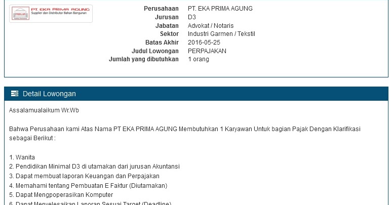Lowongan Kerja Semarang PT Eka Prima Agung Mei 2016 