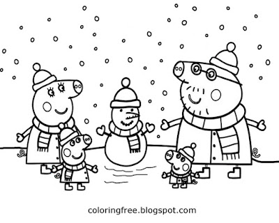 Pretty winter cartoon Peppa pig family printable easy colouring book page for children to colour in
