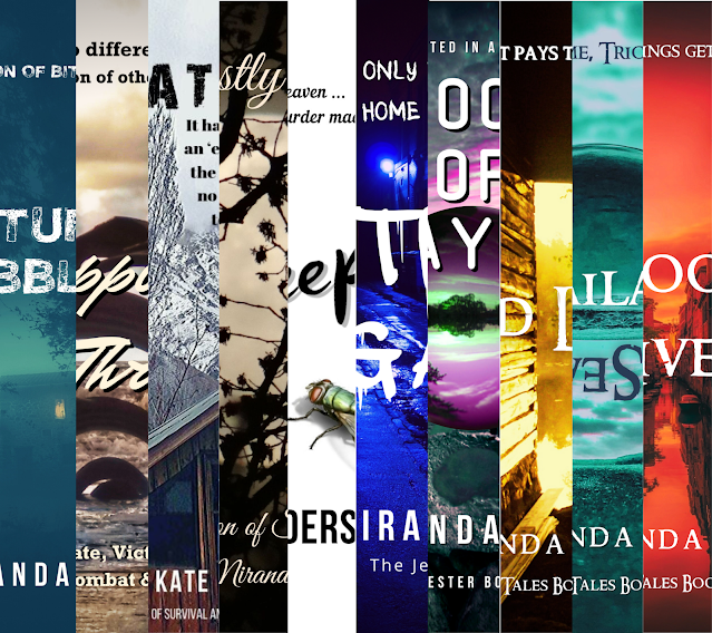 A collage of a slice of the front cover of each of the ten books that Miranda Kate and M K Boers have written. All different coloured.