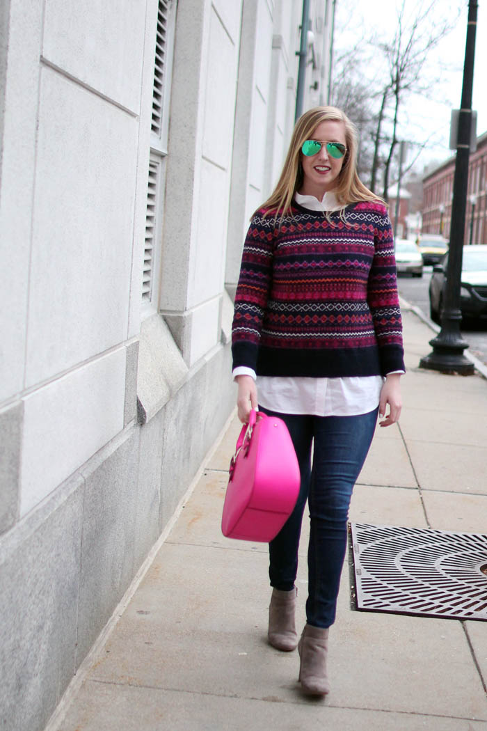 loft fairisle sweater, loft fair isle sweater, navy and pink fairisle sweater, boston fashion blogger, blogger fairisle sweater, blogger fair isle sweater