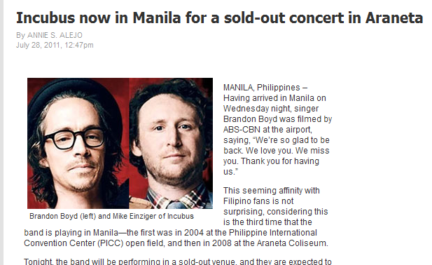 Incubus interview and article for their Manila concert