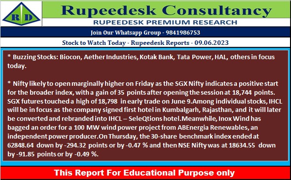 Stock to Watch Today - Rupeedesk Reports - 09.06.2023