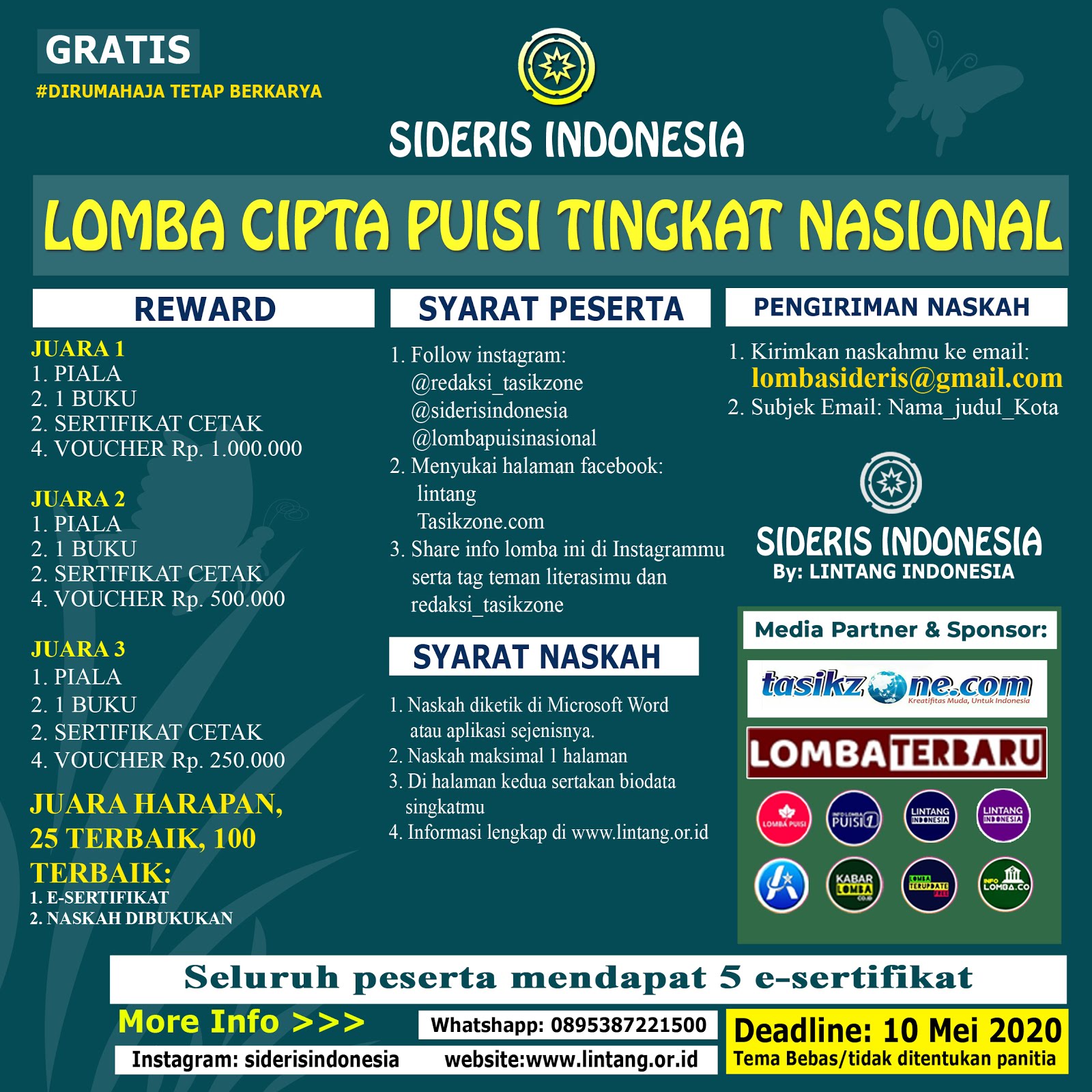 LOMBA CIPTA PUISI TINGKAT NASIONAL  SIDERIS INDONESIA TEMA BEBAS DEADLINE 10 MEI 2020
