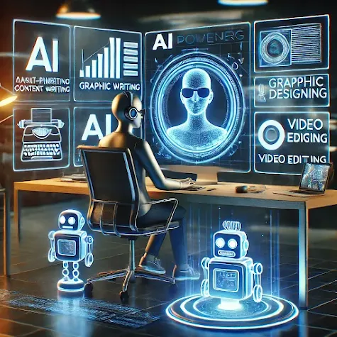 Yeh 3D digital illustration AI-powered freelancing ko dikhata hai, jisme ek freelancer AI tools ka use karke content writing, graphic designing, video editing aur chatbot development kar raha hai. Background me ek high-tech office aur holographic screens dikh rahi hain, jo technology aur innovation ko represent karti hain. 😊
