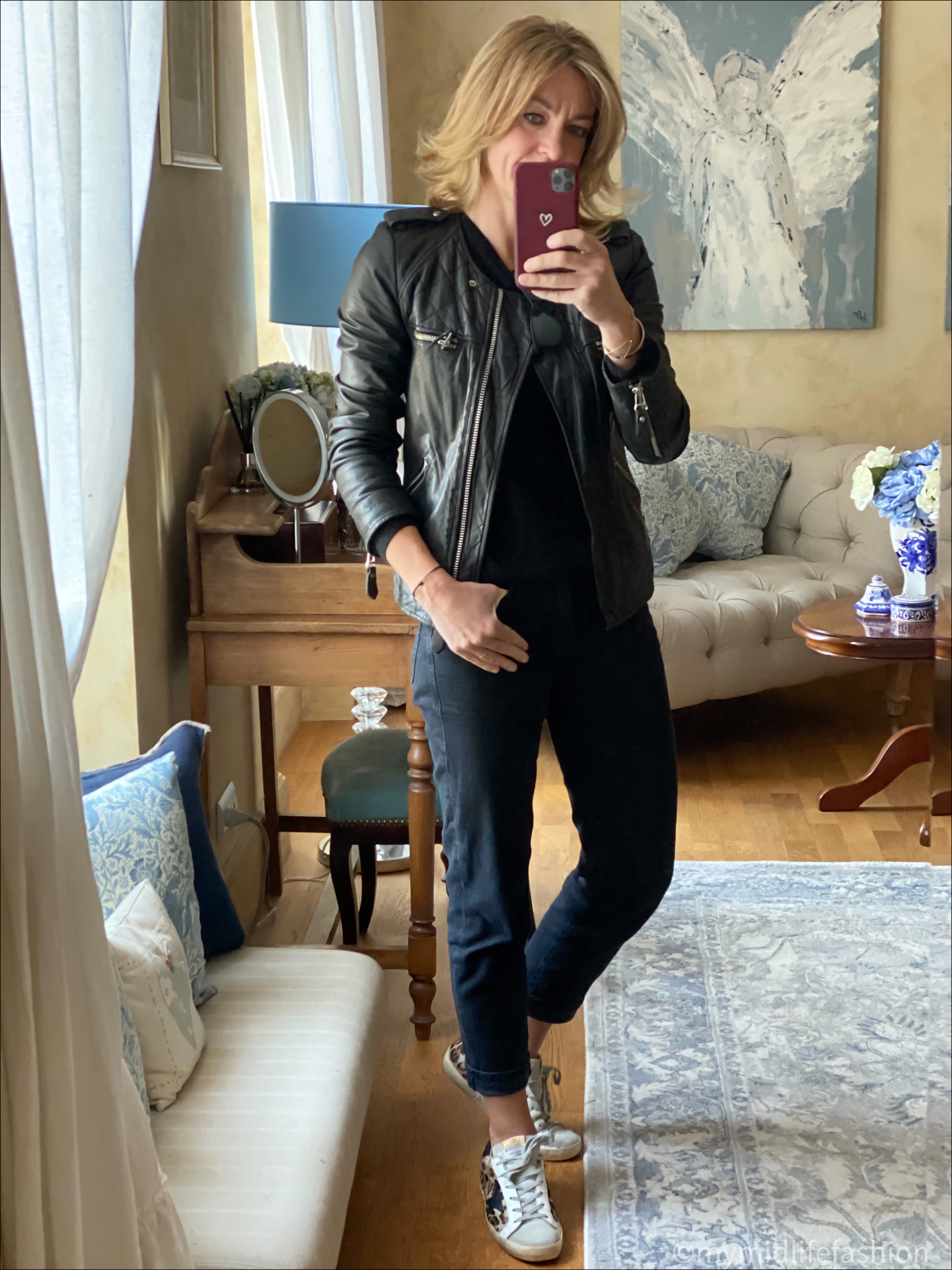 my midlife fashion, Isabel Marant Etoile leather jacket, Boden cashmere crew neck jumper, baukjen the boyfriend jean, golden goose superstar low top leather trainers