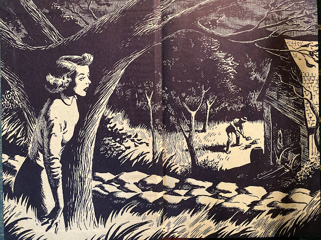 Ivory Charm endpaper illustration. Nancy Drew hiding behind tree watching man digging a hole beside a shed.