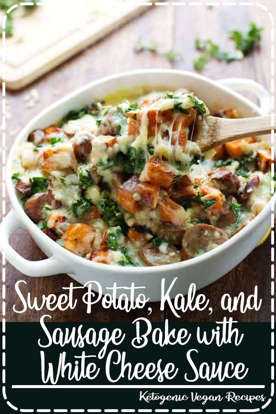 Sweet Potato, Kale, and Sausage Bake with White Cheese Sauce - comfort food featuring a handful of pantry staples and a few super healthy ingredients. #dinner #vegetarian #yum #recipe