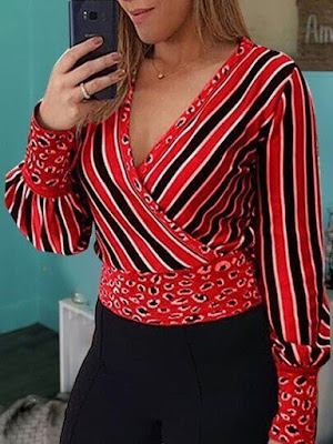 Red and white striped top, V-neck blouse, regular top, print top, striped blouse