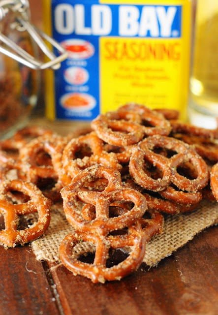 Cajun Pretzels ~ mini pretzel twists seasoned with Old Bay, Ranch seasoning, and cayenne pepper.  They're addictively delicious!  www.thekitchenismyplayground.com