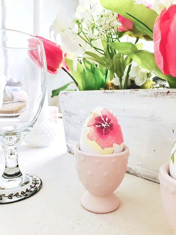 pink cottage floral eggs in hobnail egg cup, rustic wood centerpiece with pink tulips