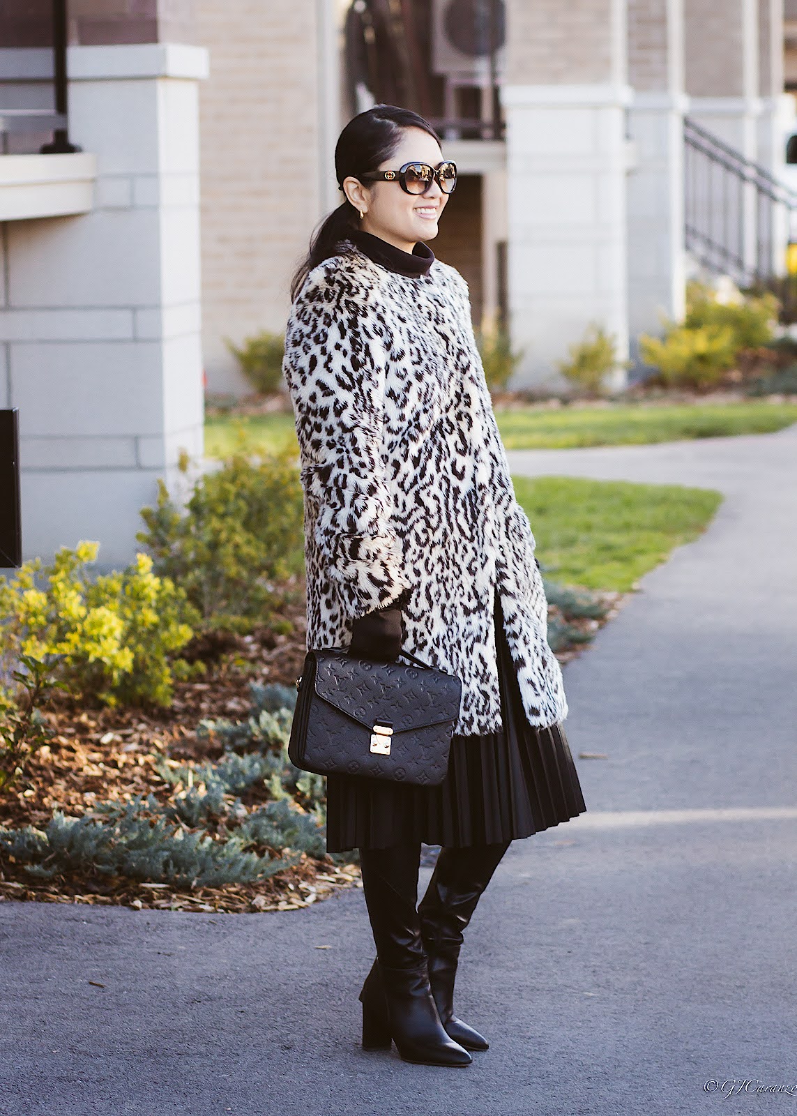 HM Leopard Print Coat | Joe Fresh Faux Leather Pleated Skirt | Louis Vuitton Black Empreinte Leather | Gucci Leather | Franco Sarto Knee High Boots | Fall Fashion | Petite Outfit