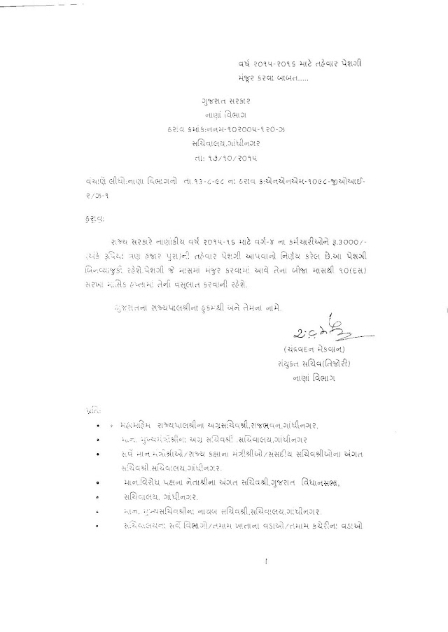 Gujarat Class 4 Employees Tahevar Peshgi Babat(17/10/2015): Circular