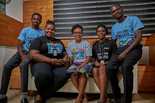 Picture shows a group of 5 people who make up the team at the Dubawa Centre for Journalism Innovation and Development who will automate radio fact-checking.