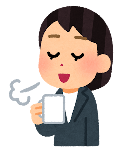 コーヒーで一服している人のイラスト（女性会社員・コーヒーカップ）