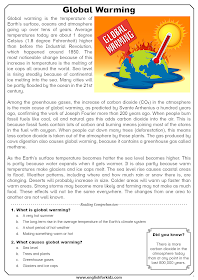 Global warming reading comprehension with questions for English learners