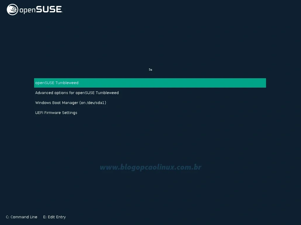 Tela de boot do GRUB após a instalação do openSUSE Tumbleweed