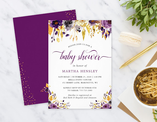  Gold Purple Floral Modern Script Girl Baby Shower Invitation