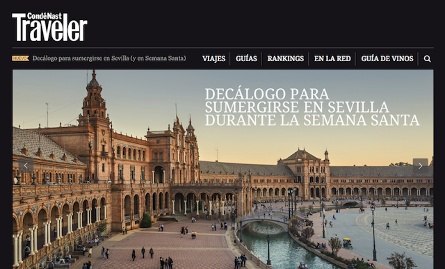 Vista de la plaza de España de Sevilla con el texto "Decálogo para sumergirse en Sevilla durante la Semana Santa"