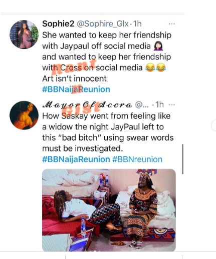 She has a nasty attitude, fame got into her head – Twitter users tear BBNaija’s Saskay apart for dumping Jaypaul for Cross