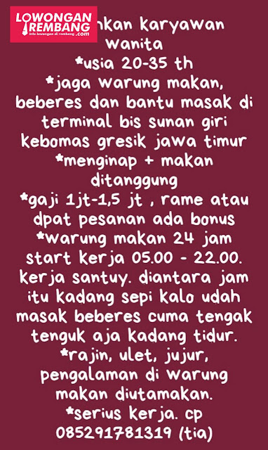 Lowongan Kerja Rembang Karyawati Terminal Bis Sunan Giri Kebomas Gresik Jawa Timur