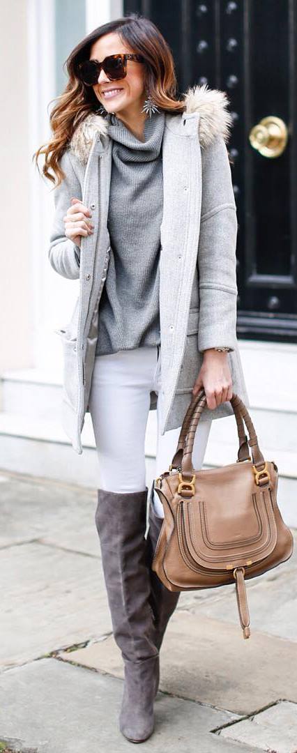 how to wear a parka : grey sweater + bag + white skinnies + over the knee boots