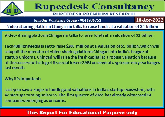 Video-sharing platform Chingari in talks to raise funds at a valuation of $1 billion - Rupeedesk Reports - 18.04.2022